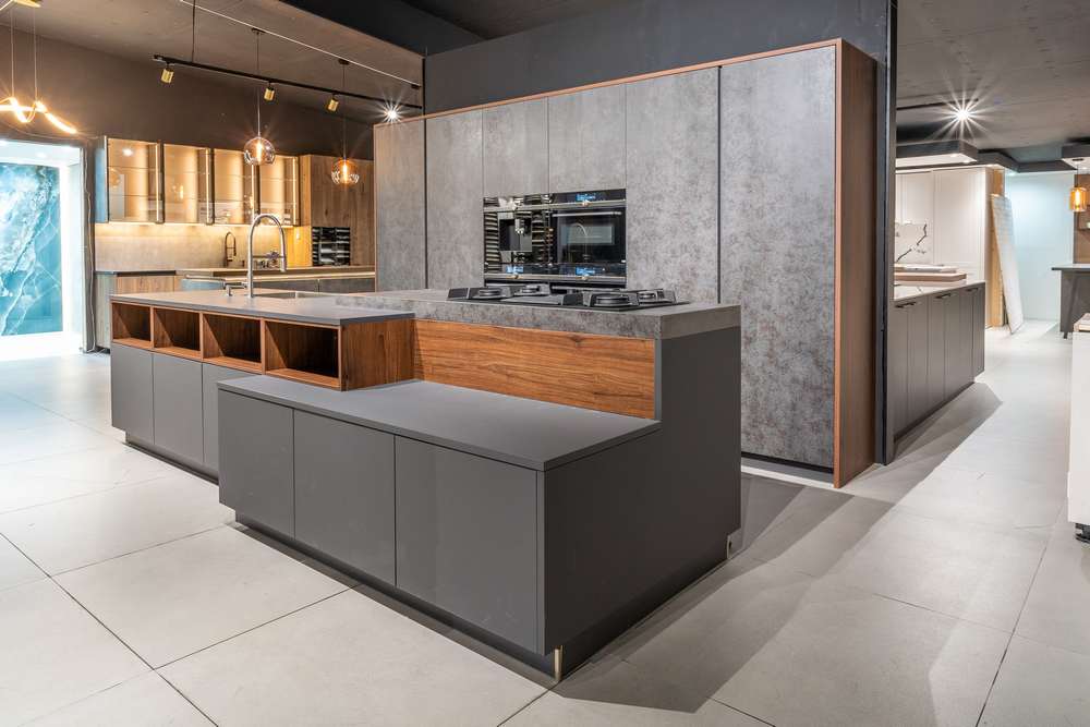 Ex Display Hacker AV8000 Iron Grey - AV2135 Walnut Kitchen & Large Island Neolith - Laminate Worktops Sink & Tap