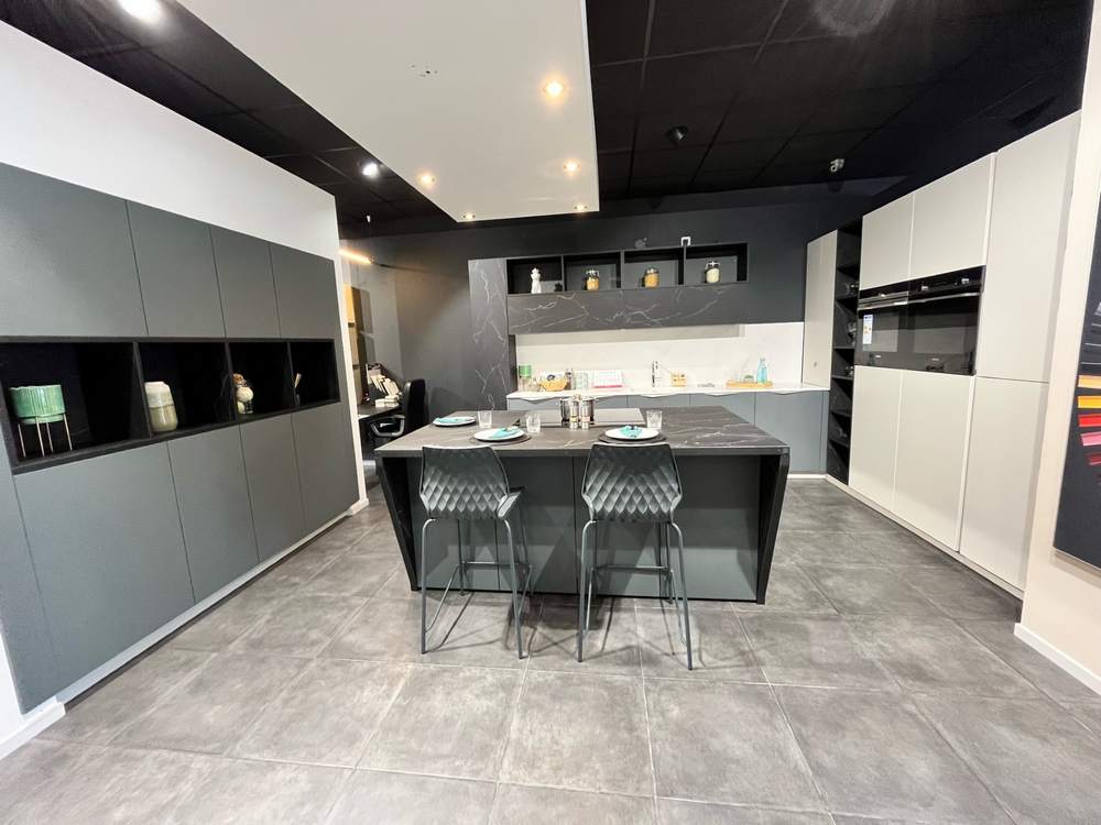 Ex Display Schmidt Large Arcos Supermatt Nano Sencha Two-Tone Kitchen & Island – Neff Siemens Appliances - Silestone Quartz Calcutta Gold & Nano Black Marmor Laminate Worktops with Waterfall Sides