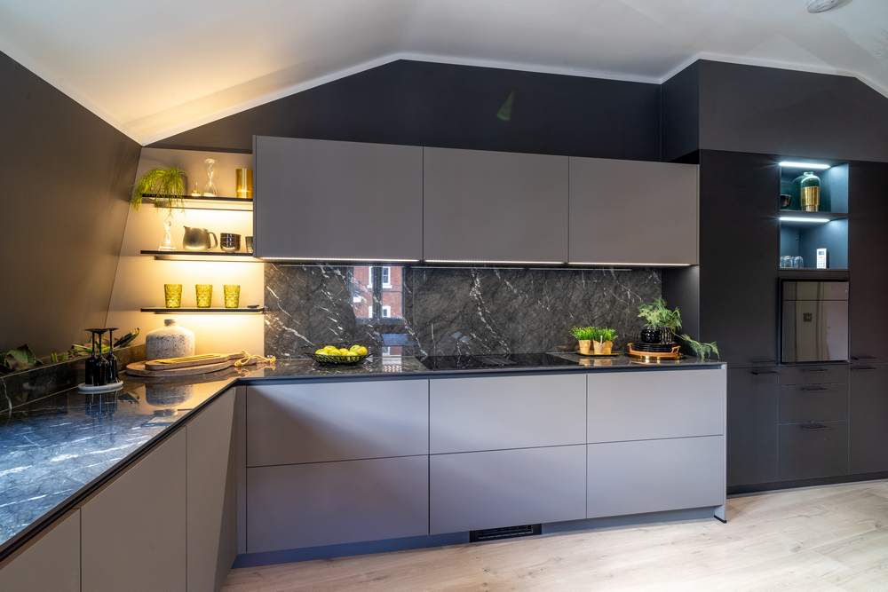 Ex Display Hacker Systemat Black Green & Greige Velvet Grey Oak Kitchen with Pocket Door Coffee Station – Blaupunkt Appliances - Marazzi 12mm Marble Effect Grigio Carinco Worktops – 3832749