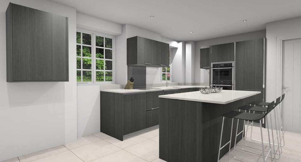 New Boxed Luxury Porcelanosa Projects Eucalyptus Smutty Grey P180 Gola Wharf Handle Kitchen & Matching Island