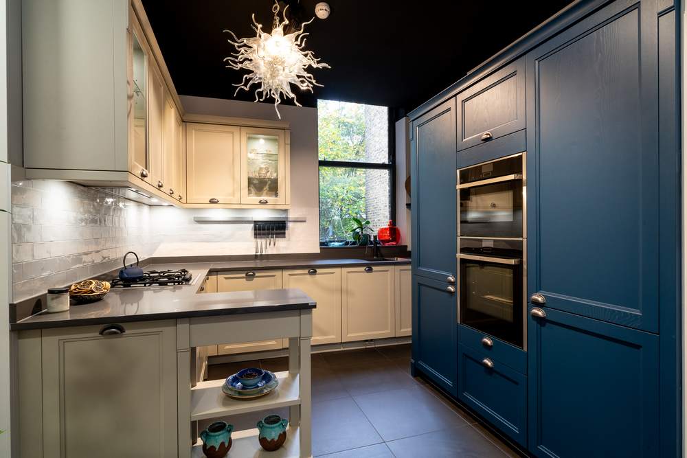 Ex Display Schmidt Bolero Kashmir Grey - Moody Blue Kitchen with Antique Silver Finish Handles – Neff Blanco Appliances - Cosentino Silestone Marengo Worktops